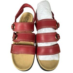 Clarks Merliah2 Bali Red Leather Sandals Size 8.5M Comfort Summer Shoe